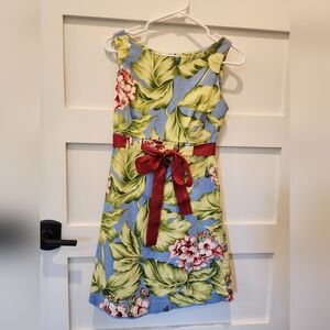 Yuka Resort Womens Floral Leaf Midi Sleeveless Dress Size 4 Red Waist Tie Lined